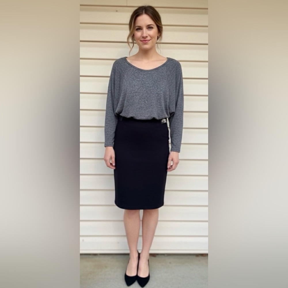 Sandro high end black & gray knee length dress, 2/3 sleeve, back zipper,1 (S/XS)